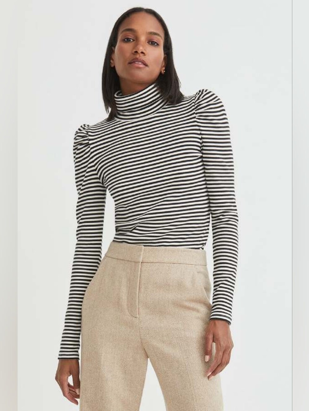 Veronica Beard Cedar Puff-Sleeve Striped Black & White Turtleneck